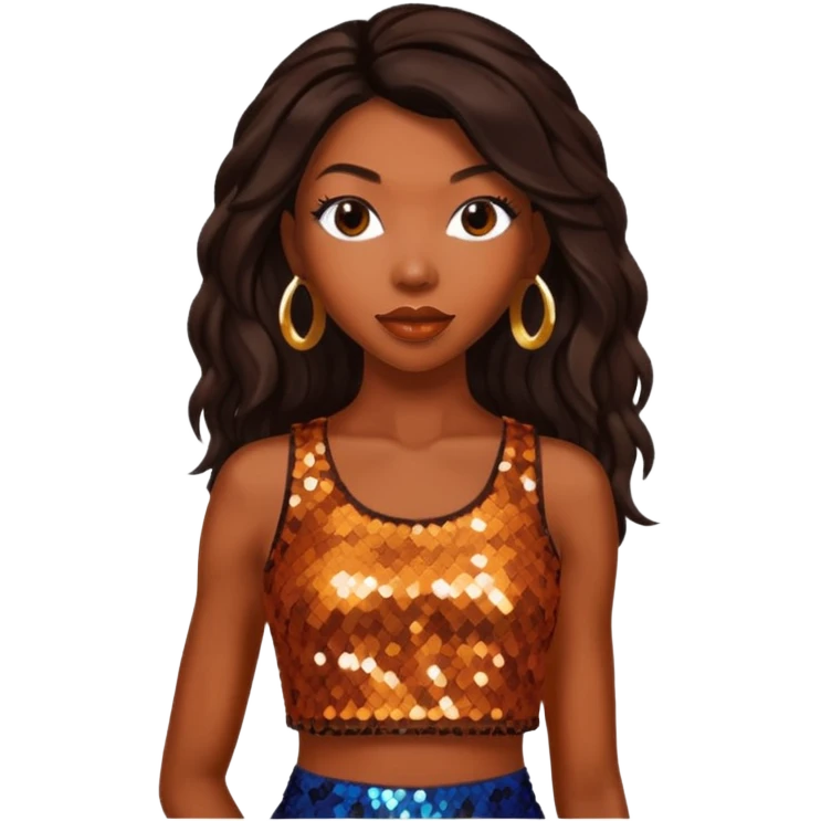 Brandy Norwood with long dark brown hair, sequin burnt orange crop top emoji
