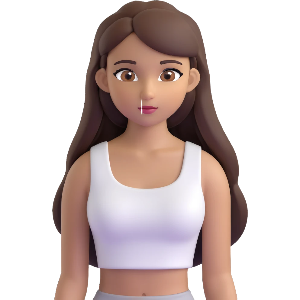 beautiful girl, long straight brown hair, brown eyes with lashes, wearing a white crop top, tan skin emoji