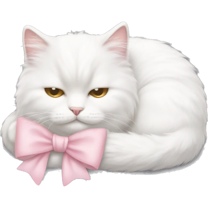 Sleeping white fluffy cat with a light pink bow on the head emoji