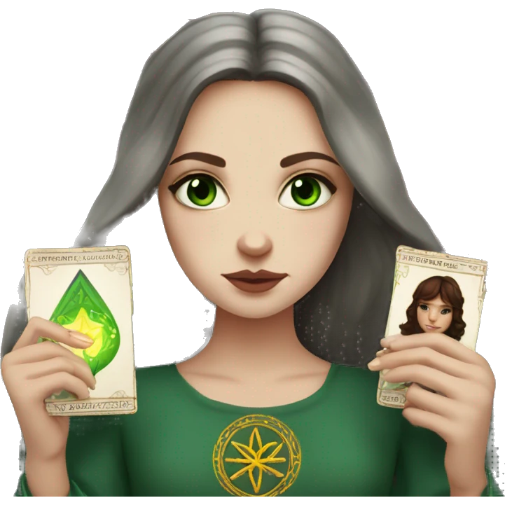 Slavic white girl with dark burgundy medium hair and green eyes  with tarot in her hands emoji