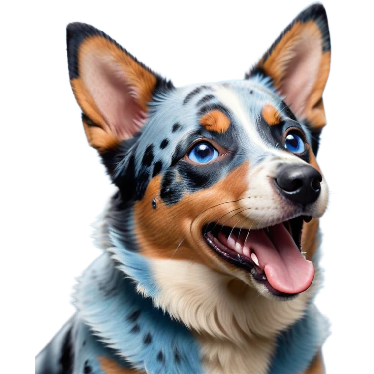 Cinematic Cute Yawning Blue Speckle Australian Cattle Dog Portrait Emoji, Head tilted slightly with a dramatic, wide-open yawn, showcasing a sleek blue speckle Fur with distinct markings, floppy ears slightly drooping, round blue eyes barely open in drowsy contentment, Simplified yet irresistibly adorable features, highly detailed, glowing with a soft, cozy glow, high shine, relaxed yet expressive, stylized with a touch of whimsy, bright and endearing, soft glowing outline, capturing the essence of a sleepy yet affectionate herder, so drowsy it feels like it could stretch out of the screen and curl up for a nap! emoji