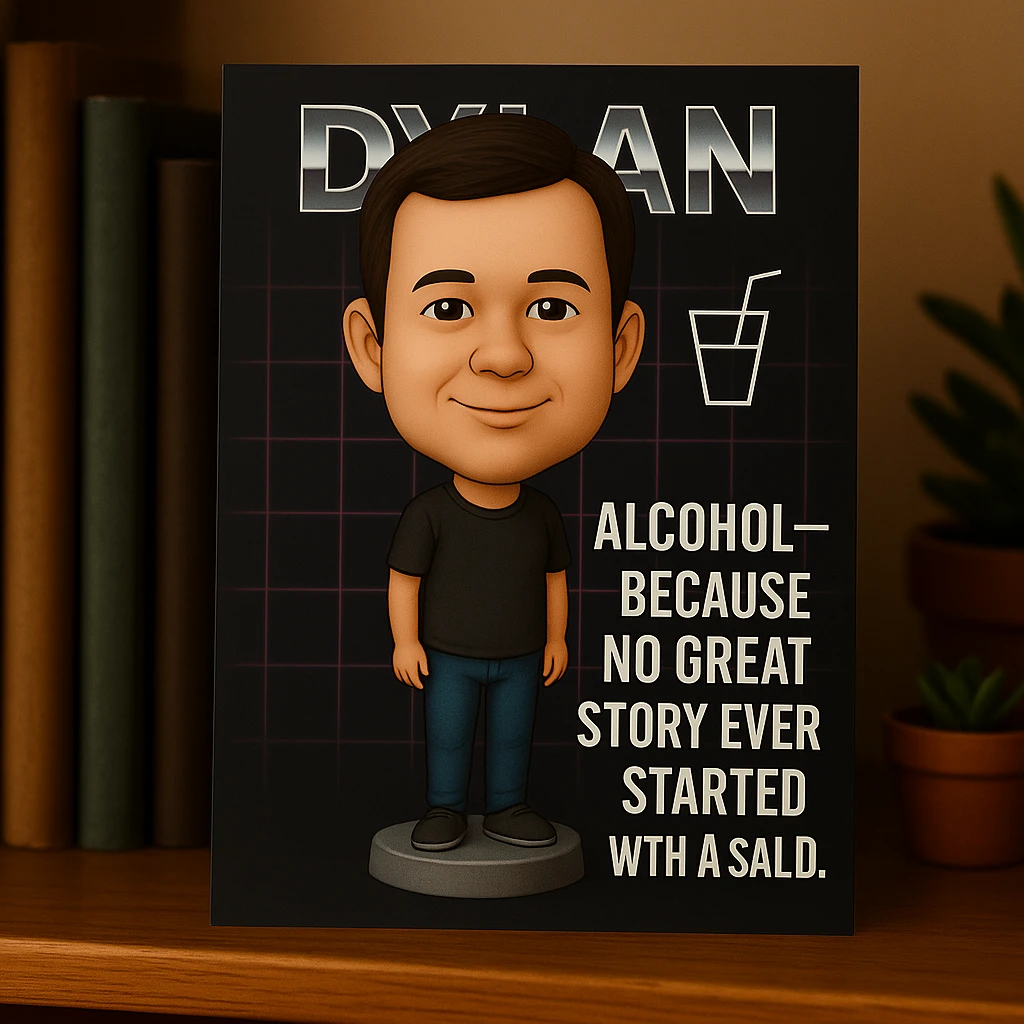 Refine the card: keep Dylan as a bobblehead character, minimal neon grid background, one drink icon, bold chrome text with the quote 'Alcohol—because no great story ever started with a salad.' Make the layout even cleaner and more balanced, using the same bobblehead style. emoji