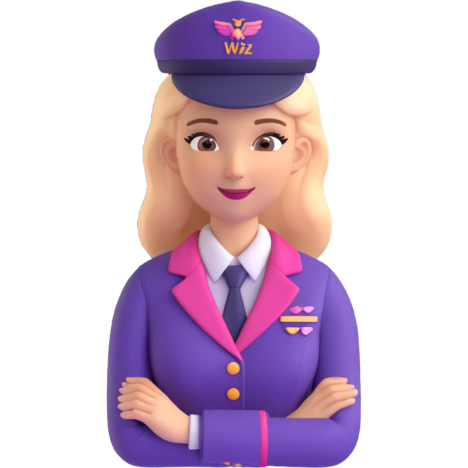 Wizz Air stewardess wearing uniform in Wizz Air signature pink and purple colors, friendly expression, airline style emoji