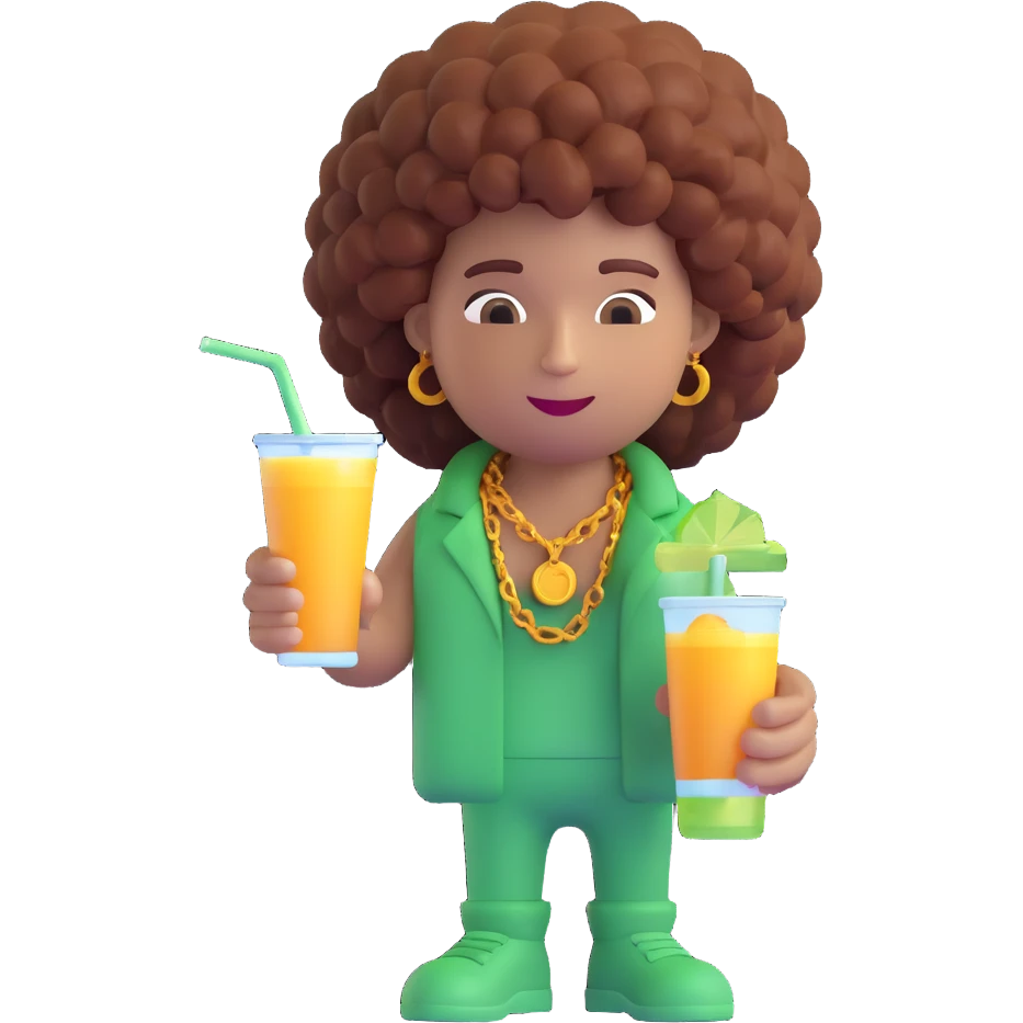 3D emoji of a character with a high curly afro hairstyle, wearing an ice out chain that spells 'samu', holding a lean drink and a joint in hand emoji
