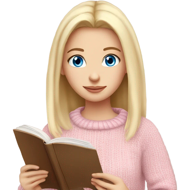 Pretty blue eyed white girl with light pink sweater reading cozy emoji