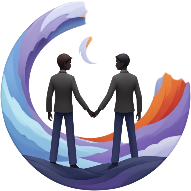 Center composition: Two silhouetted figures standing back-to-back or side-by-side in a circle of calm (soft blues, lavenders, white light)
Around them: Swirling storm energy—abstract shapes, wind lines, chaotic movement in reds, oranges, and dark grays emoji