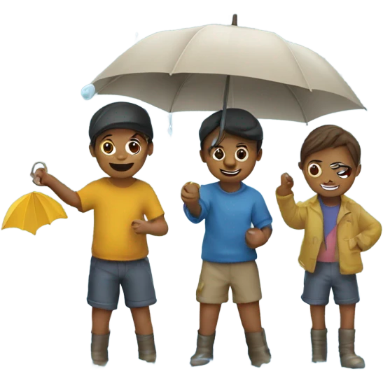 3 kids with a umbrella playing with a paper ship in the rain emoji