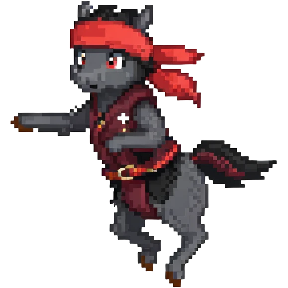 Ninja horse jumping in action, red headband, black outfit emoji