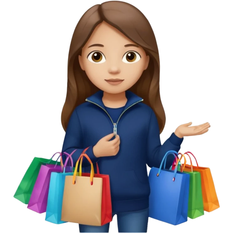 A little girl (he usually calls her baby), who is obsessed with shopping and luxury brands and holds a dozen of bags, she wears navy blue half zip sweater and holds 10 bags and she has long brown hair  emoji