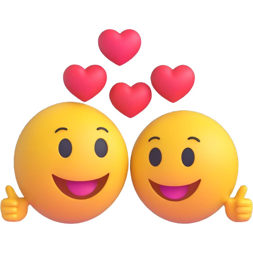 3D smiley emoji, round shape, in love: loving smiley couple looking at each other, hearts emoji