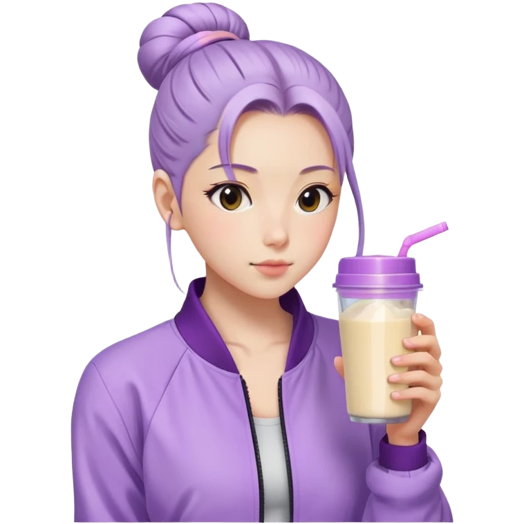 Japanese girl with lilac jacket drinking pre workout shake middle part slick back bun emoji
