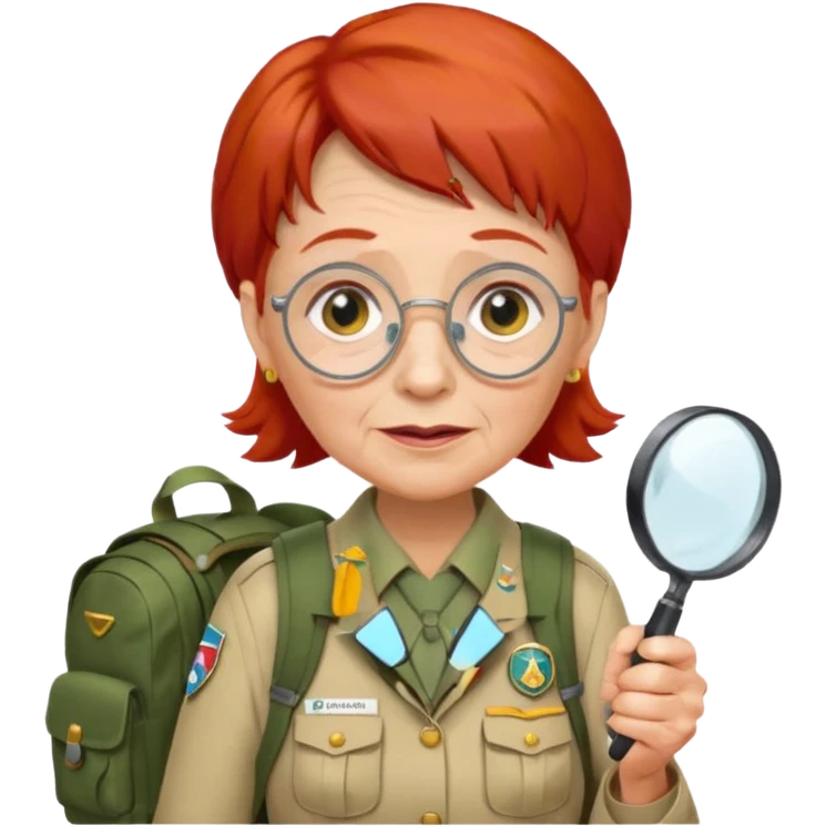 scout old woman backpack and magnifying glass, red emoji