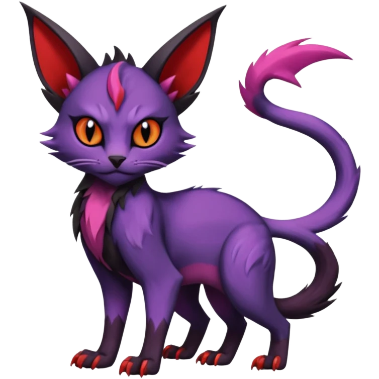 Black edgy Noivern-Noibat-Purloin-Torracat-Lykoi-Caracal-cat-Fakemon-fusion-hybrid-creature with violet and red scale markings emoji