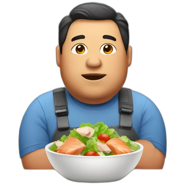 a fat man that eats a salad made of chicken and salmon emoji