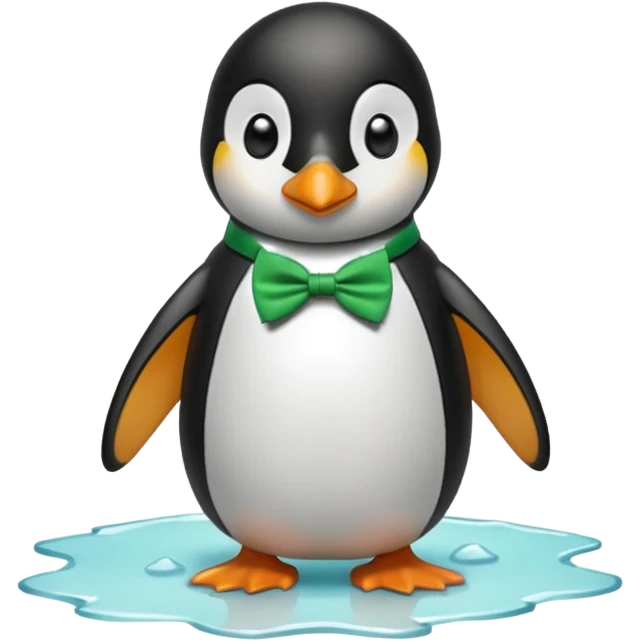 penguin, green bow tie, standing on small ice melting emoji