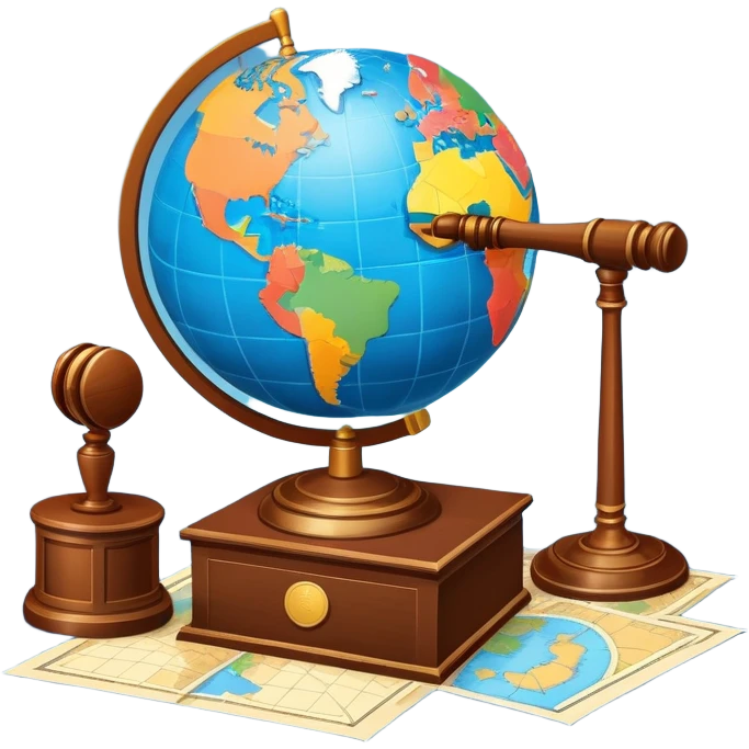 An icon featuring a globe with a gavel and a political map, symbolizing political science. The design includes a ballot box and a podium, representing democracy and governance. Transparent background highlights the study of political systems and global relations. emoji