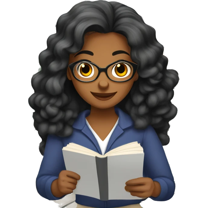 Chica de cabello ondulado color negro estudiando llena de libros y apuntes y el ordenador  emoji