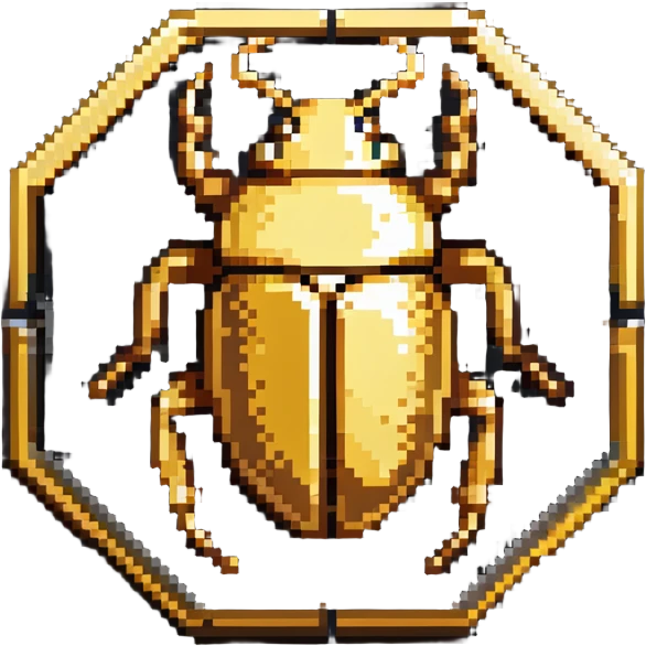 A golden hexagonal badge with a detailed beetle in the center, Discord bug hunter inspired emoji