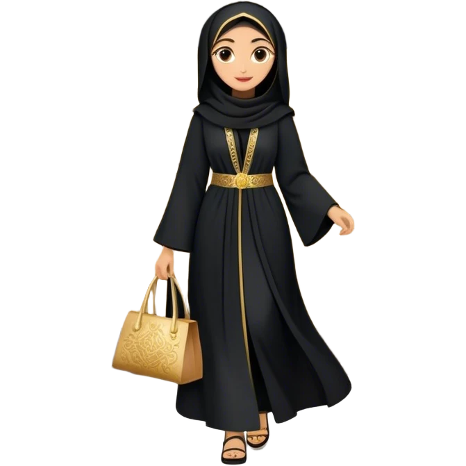 Middle Eastern cultural scene, featuring a young woman dressed in a traditional black abaya with gold accents, walking out of an old-style handcrafted shoe shop. emoji