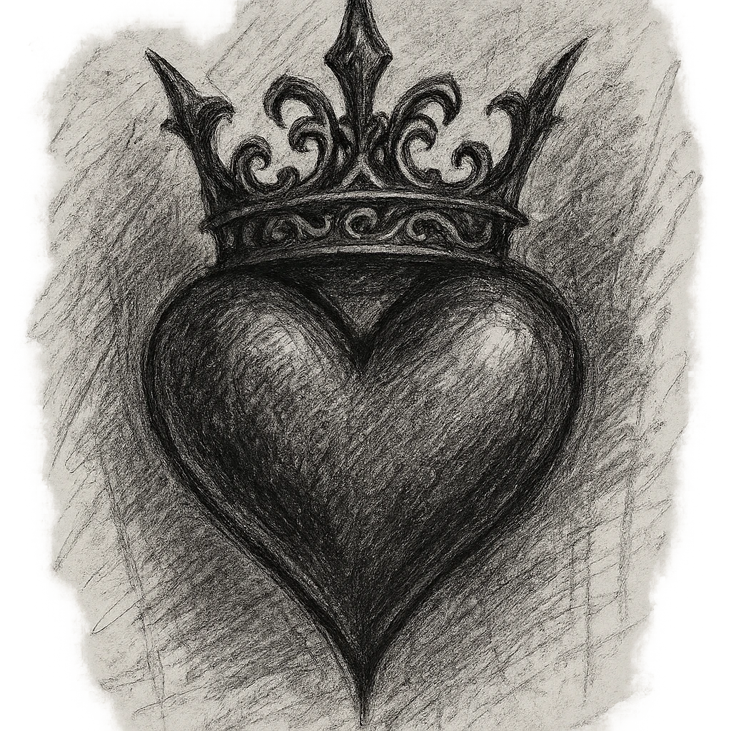gothic heart with a gothic crown, ornate, dark, elegant, pencil sketch style emoji