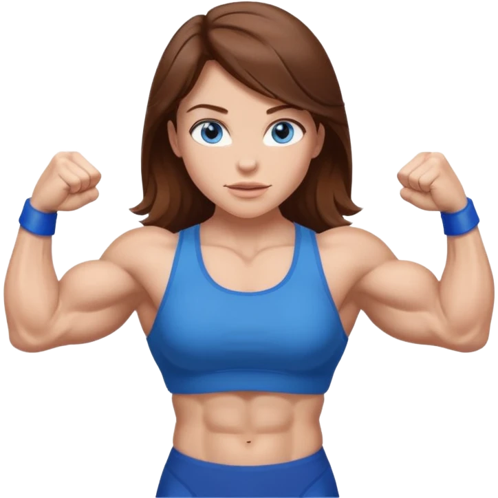 Girl with brown hair, blue eyes and really muscular arms, flexing her muscles emoji