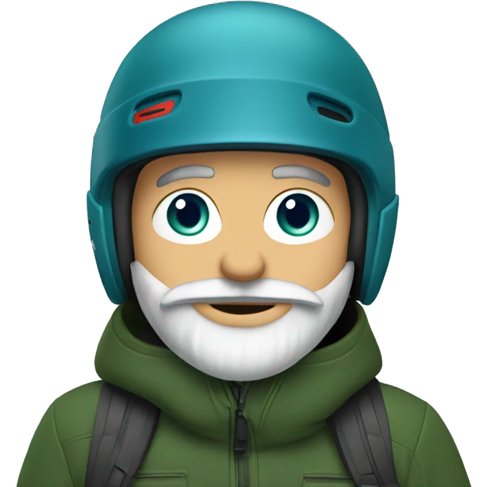 Snowboarder with a red helmet, blue eyes, grey beard, dark green jacket emoji
