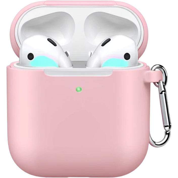 Pastel pink AirPods case, soft lighting, minimal background emoji