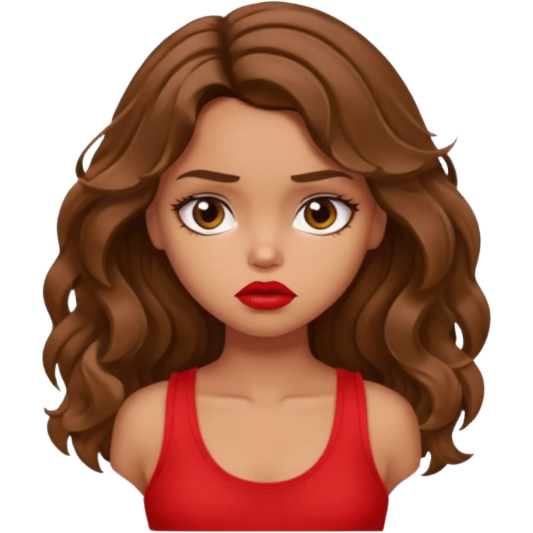 generate a pretty tan bratz girl with brown wavy hair long wearing a red tank top, red lipstick. Looking sad emoji