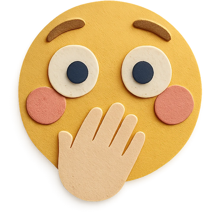 surprised face with hand over mouth, wide eyes, pink cheeks, paper craft style emoji