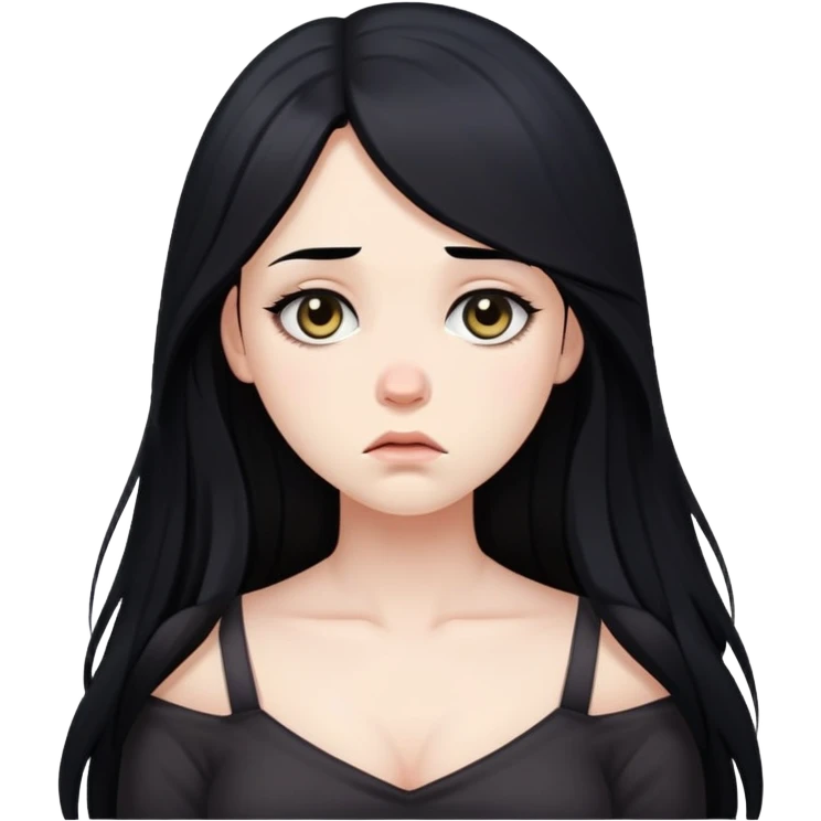 Pale girl with long black hair sad with a big chest emoji