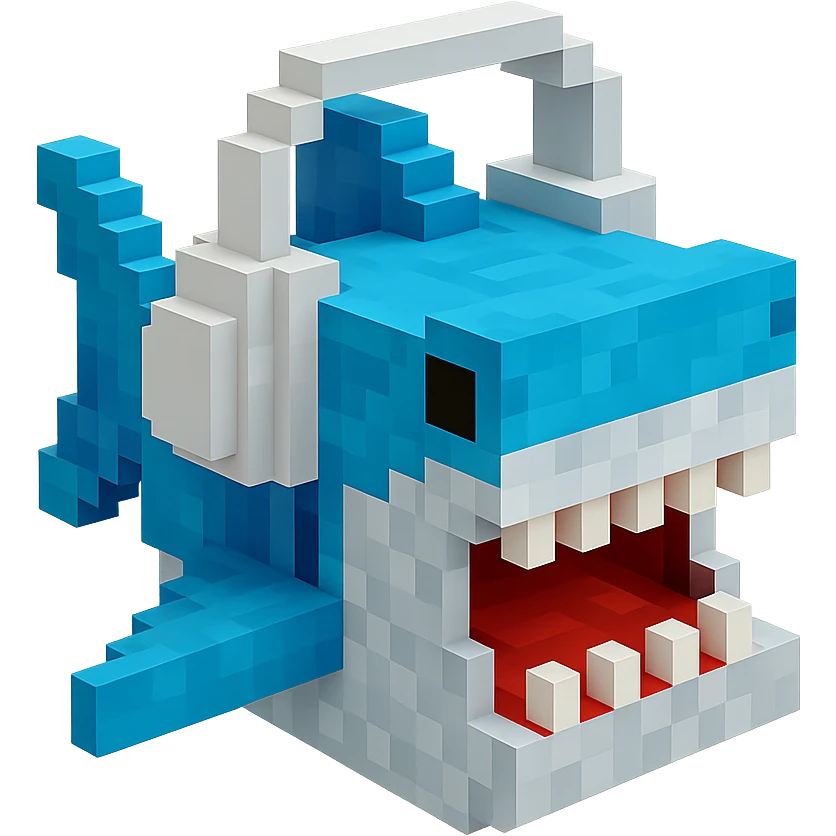 voxel style shark with white headphones, open mouth, blocky, blue and silver, no background emoji