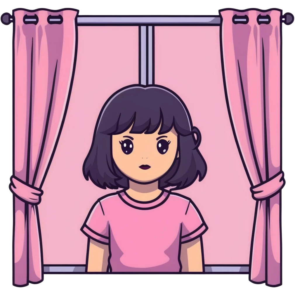 White girl with chest length black wavy hair with curtain bangs, gray eyes, wearing a pink top emoji