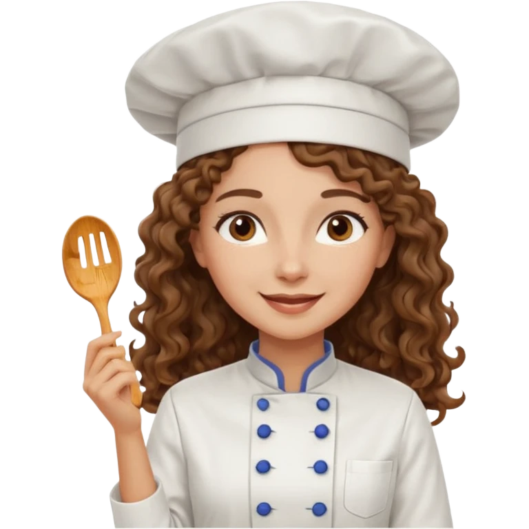 Long curly hair, happy, wearing chef uniform and chef hat emoji