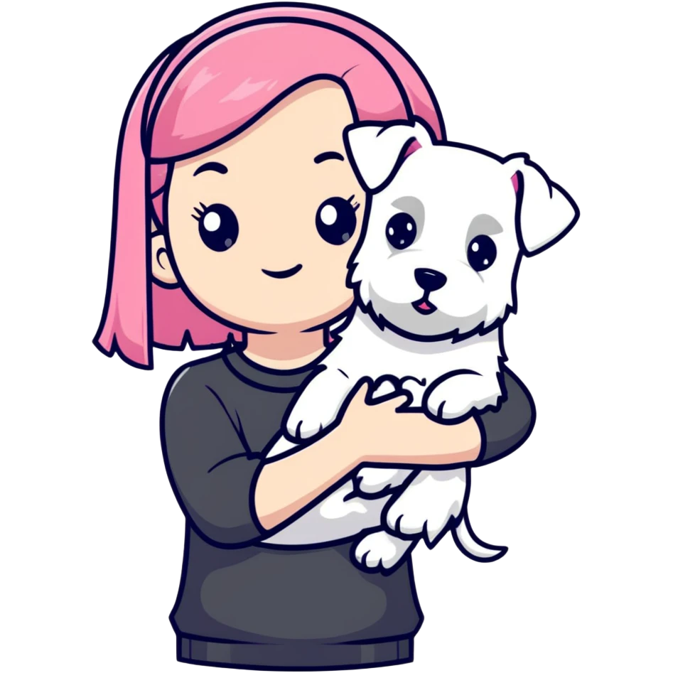 Pink-haired girl holding a white schnauzer dog emoji
