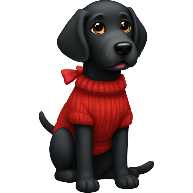 Black labrador with a long curly fur in a red sweater and bow emoji