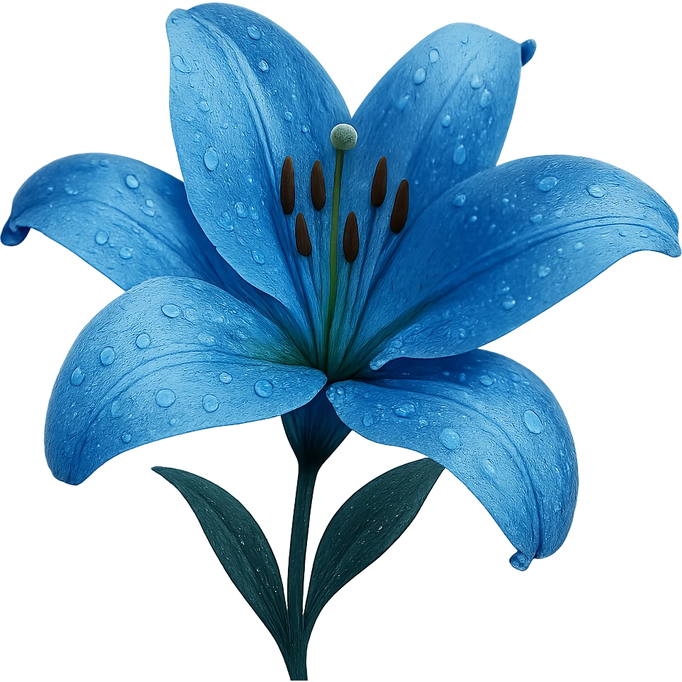 realistic style close-up of a vibrant blue lily flower with water droplets emoji