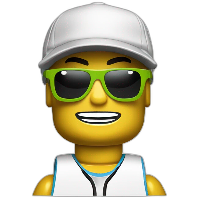 Lego head of tennis player in sport sunglasses and sport cap emoji