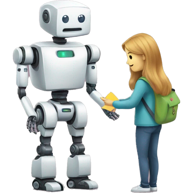 a robot handing a flashcard to a student emoji