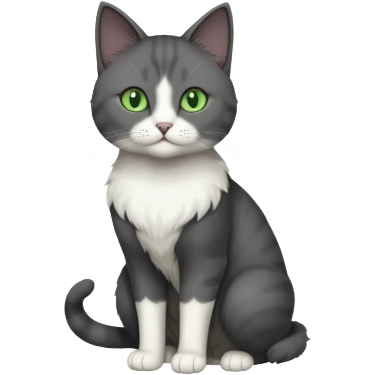 full body view of beautiful female solid dark grey cat with green eyes, white toes and white patch on chest emoji