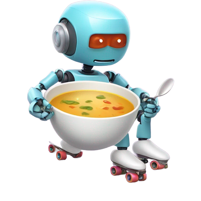 Robot eating soup in rollerskates while stretching emoji