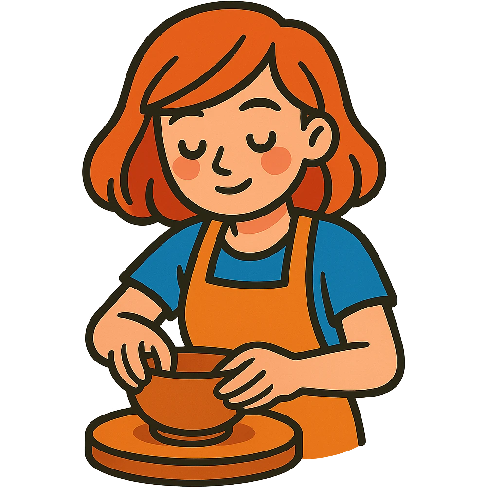 vibrant toon style girl with shoulder-length red hair making a bowl with clay emoji