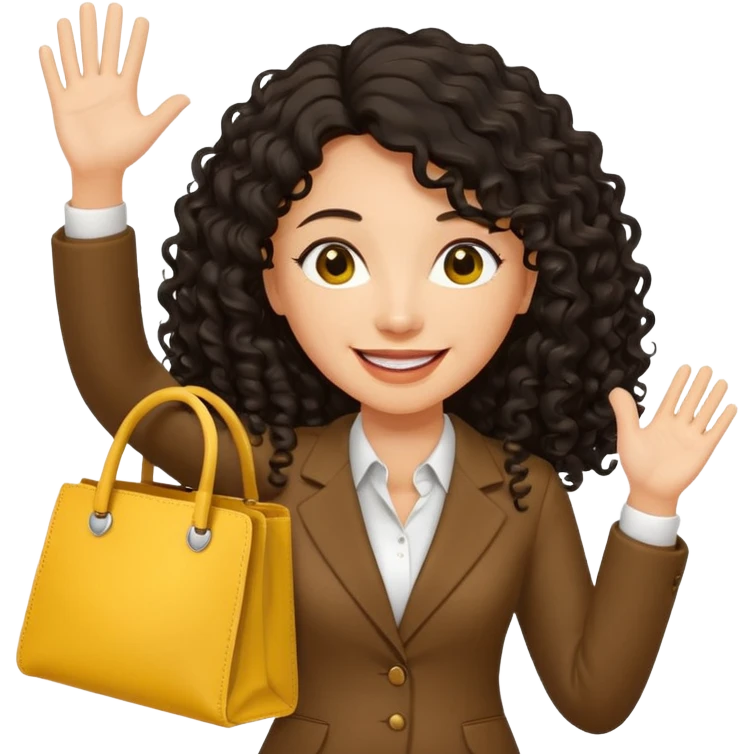 medium deep tan brown business woman with long black curly hair, waving hand with happy face with smile mouth and carrying yellow bag on her shoulder emoji