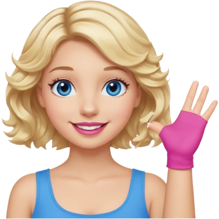Girl Blonde short wavy hair,  blue eyes, cute blue top, long lashes, pink lips, smiling, hand in the air emoji