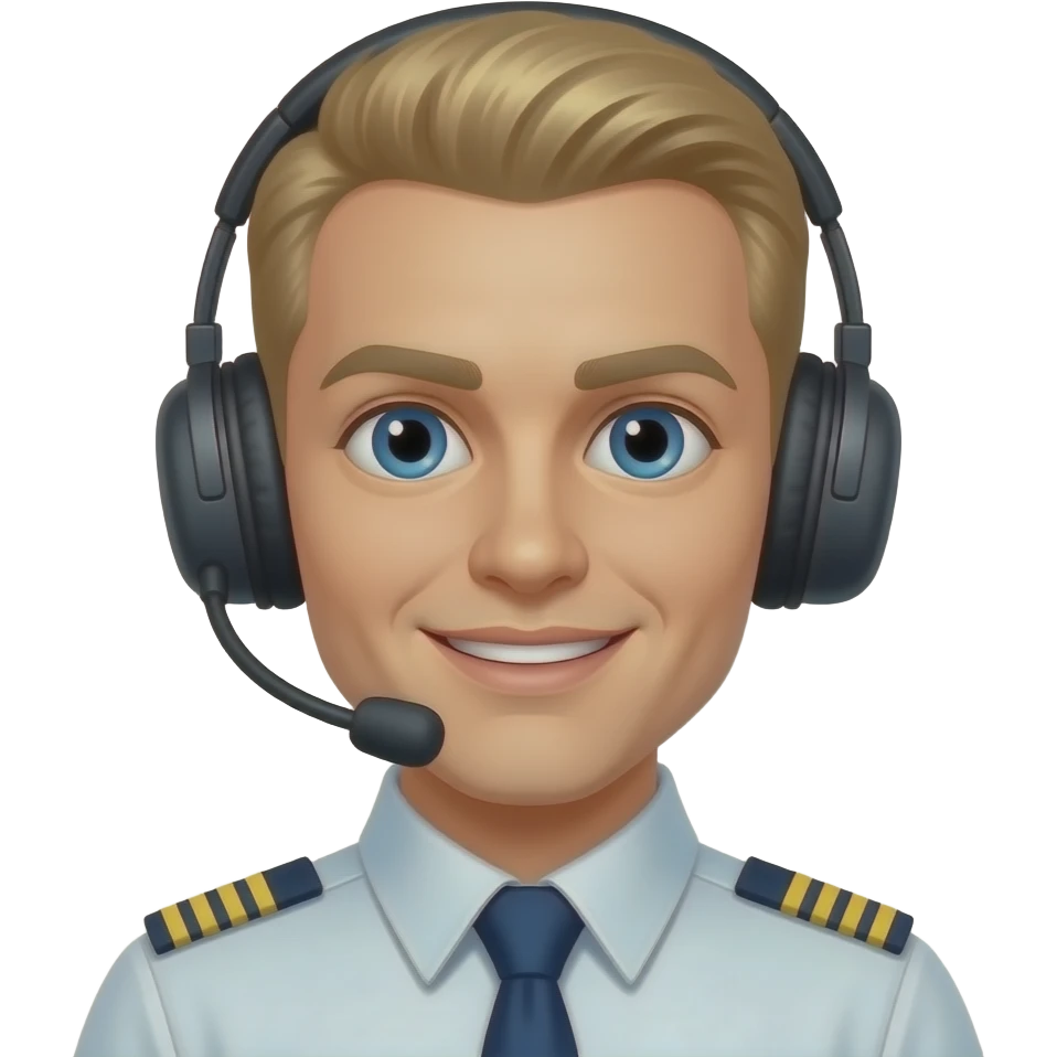 instrutor de vôo loiro, cabelo raspado com pouco cabelo no top, usando headset emoji