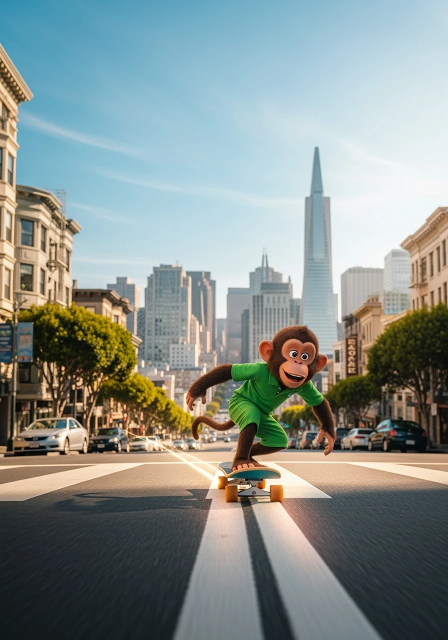 Disney style, Cinematic still scane, Low angle medium shot, monkey dress in green outfit, monkey ride on skateboard, san francisno downtown with city lanscape, blue clean sky, captured by ARRI Alexa XT, soft cinematic lightning emoji