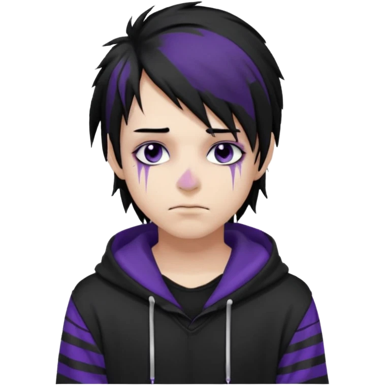 emo teen boy with long one-side messy black hair, dark hoodie with white and purple striped sleeves, piercings on his nose, dark eyeshadow emoji
