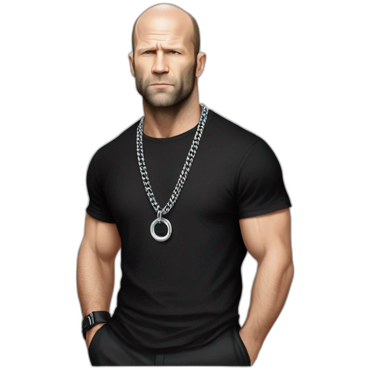 Jason Statham wearing men silver chain on a black tshirt,styled,cool emoji