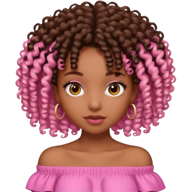 A brown skin girl with a curly 4C hair and she has a pink off shoulder top, emoji