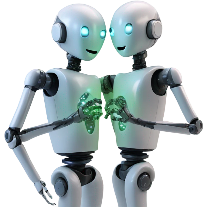 Two robots. One robot is reprogramming the other robot. The reprogramming takes place in the head of the 'other' robot. emoji