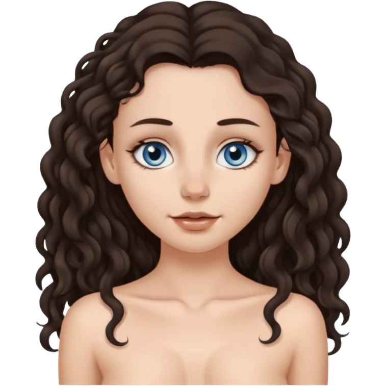 white girl, dark brown long slightly curly hair , skinni but with big breast , septum piercing on nose, beautiful dark gray-blue eyes, naked , skinny, showing her feet, emoji